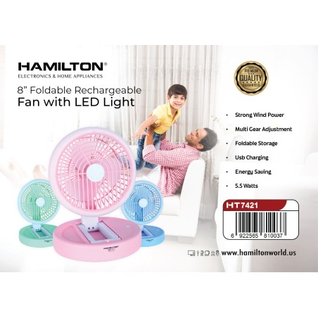 Hamilton 8" Foldable Rechargeable Fan With Led Lights 5.5 Watts