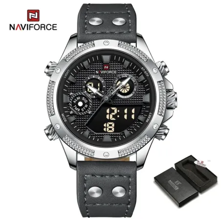 NAVIFORCE Men's Analog+Digital Round Shape Leather Wrist Watch  - 45 Mm